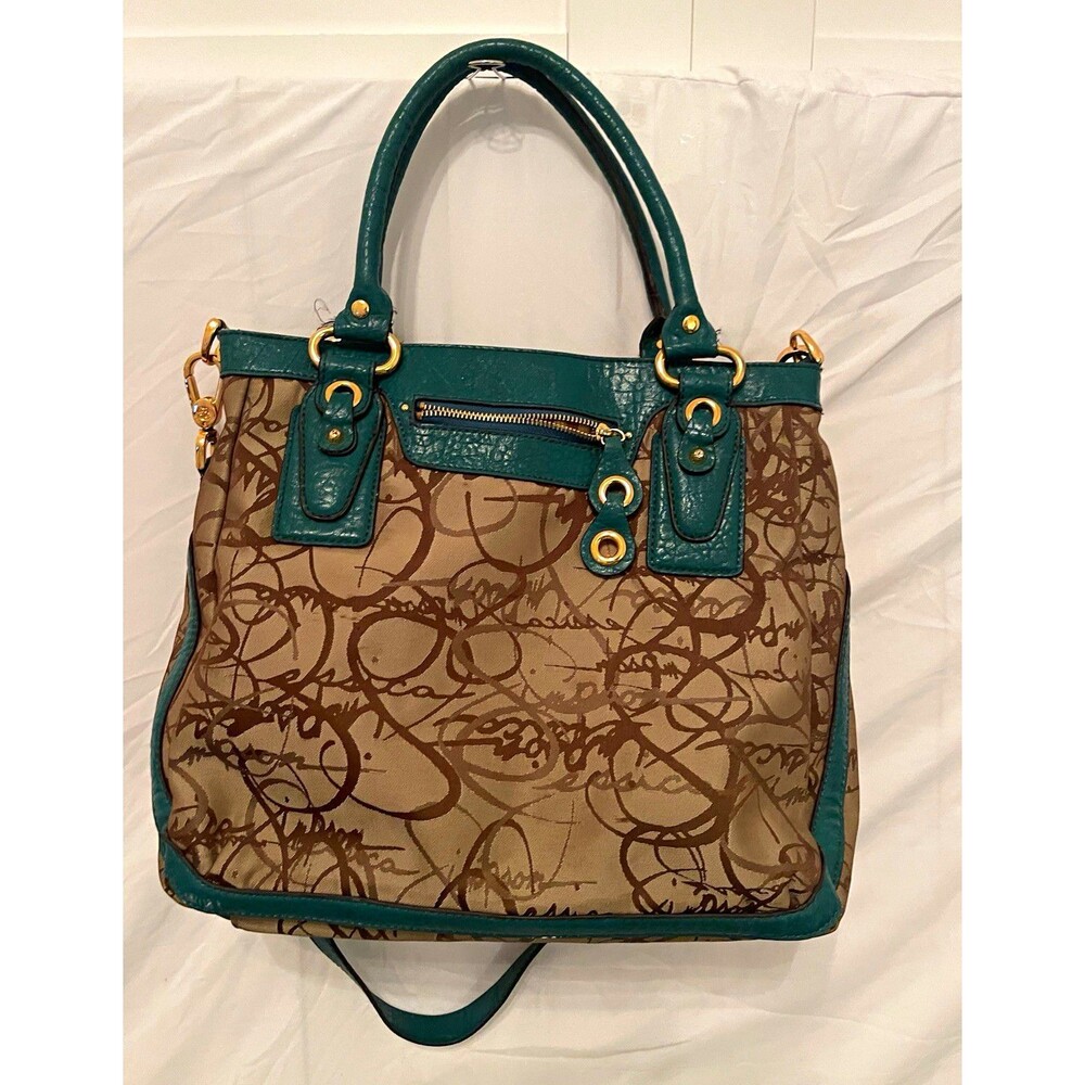 Jessica Simpson Abstract Satchel Teal/Brown/Beige Zip, Detachable Strap